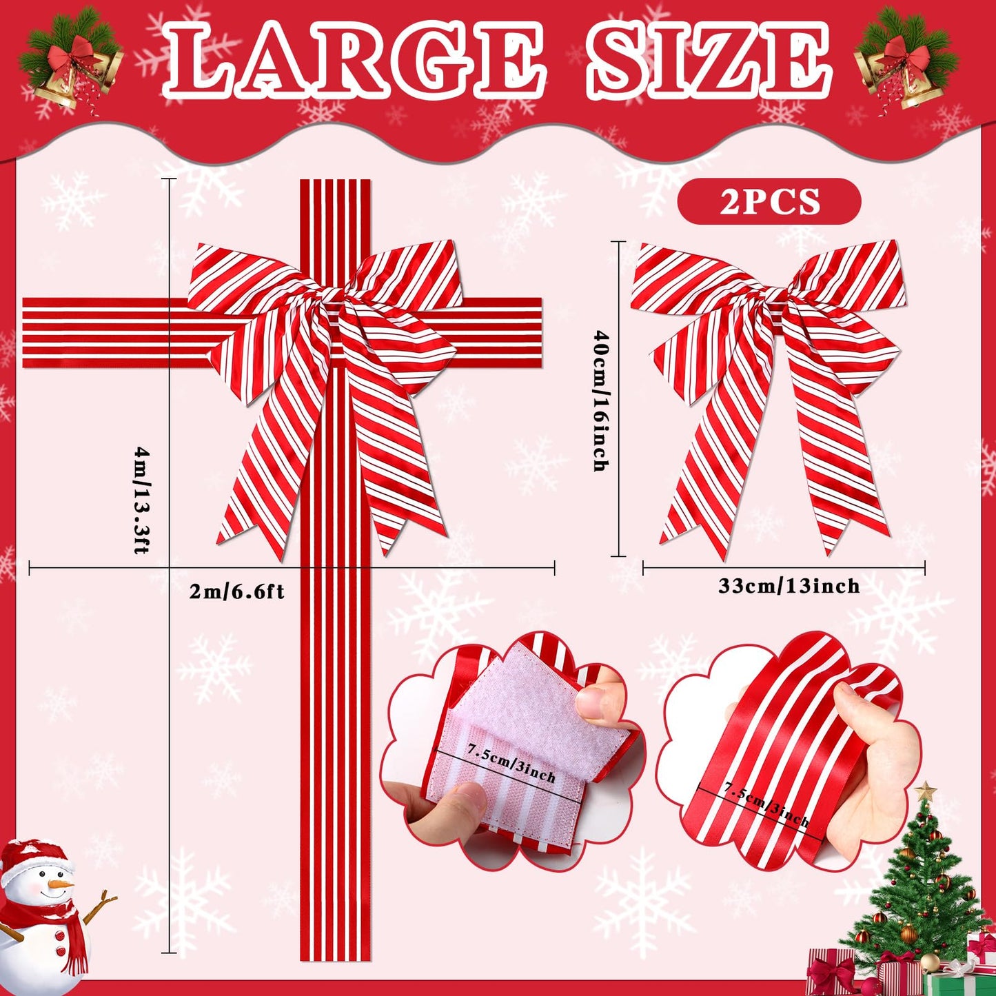 2 Pcs Christmas Cabinet Door Ribbon Bow Large Christmas Wreath Bow Red and White Stripe Festival Wrapping Decorations Xmas Candy Cane Bows for Tree Fireplace Home Holiday Front Door Party Supplies