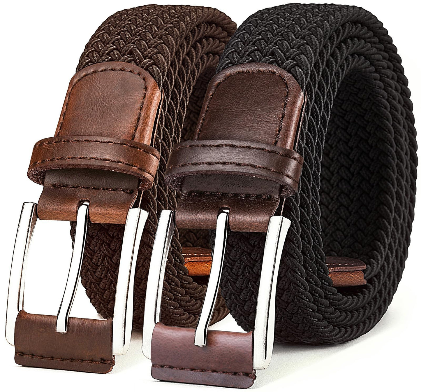 BULLIANT Belt for Men 2Pack,Mens Gift Stretch Braided Web Belt Elastic for Casual Golf Jeans,1 3/8"(Black/Deep Brown,36"-40" Waist Adjustable)