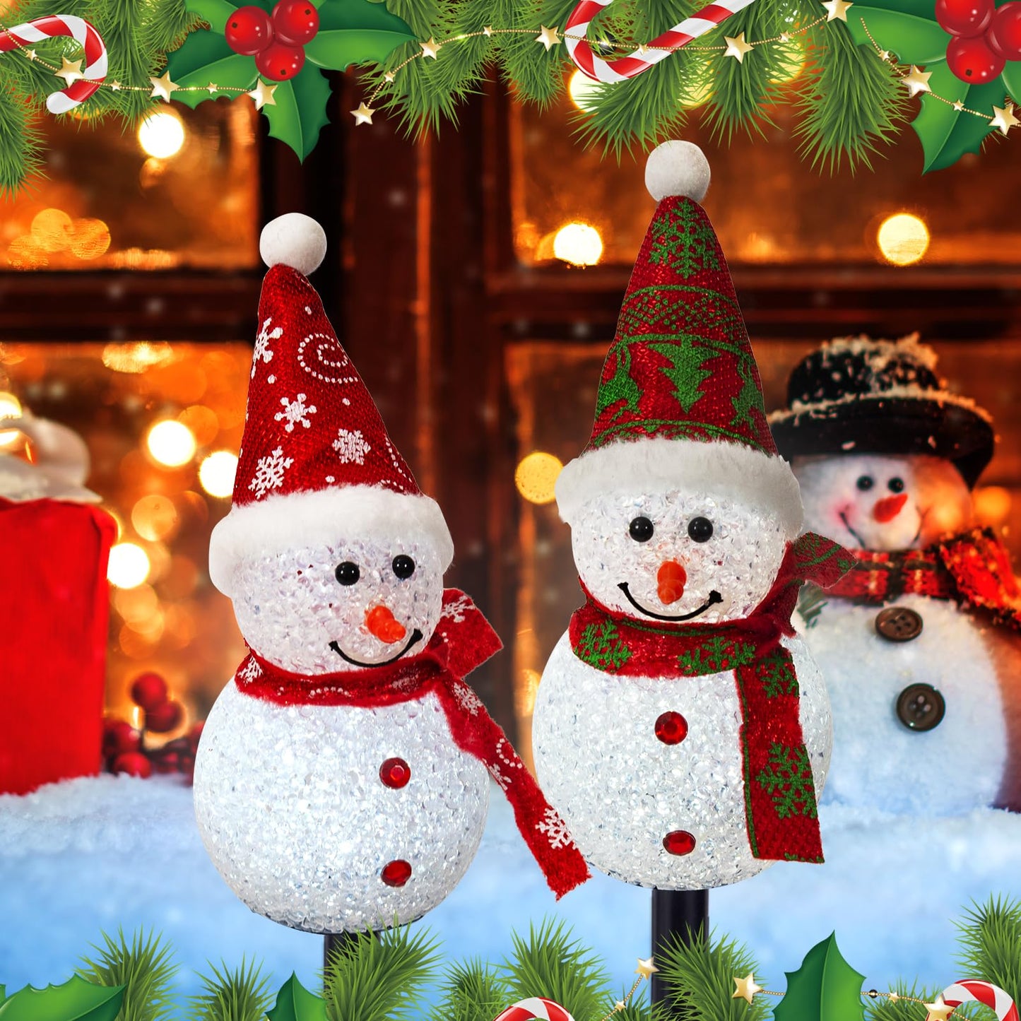 TAILERRI Solar Christmas Pathway Lights Outdoor Decorations, Set of 3 LED Snowman Stake Lights, Waterproof Walkway Landscape Light for Yard, Garden, Winter Decor (Red/Green Snowman, 3-Pack)