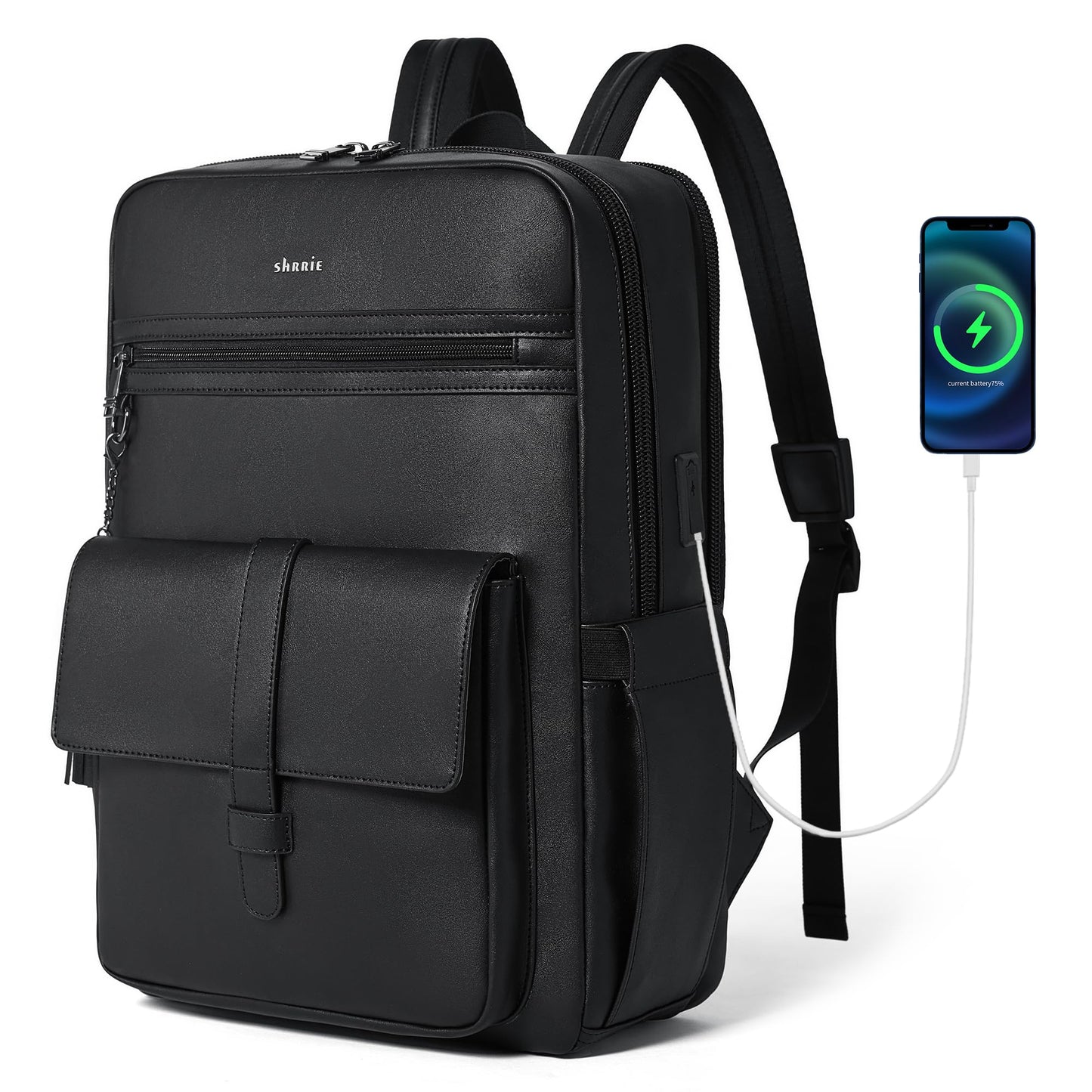 Shrrie 16 inch Vegan Leather Laptop Backpack with USB Charger,Smart Computer Backpack for Men and Women Business,Work,Office,College