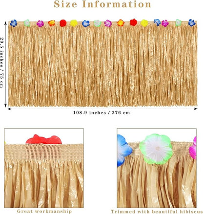 Aodaer Thickened Grass Table Skirt Natural with Hibiscus Flowers 400g Hawaiian Luau Tropical Party Decor Fringe Party Decoration for Costume Tiki Tropical Hawaii Moana Birthday, Straw Yellow