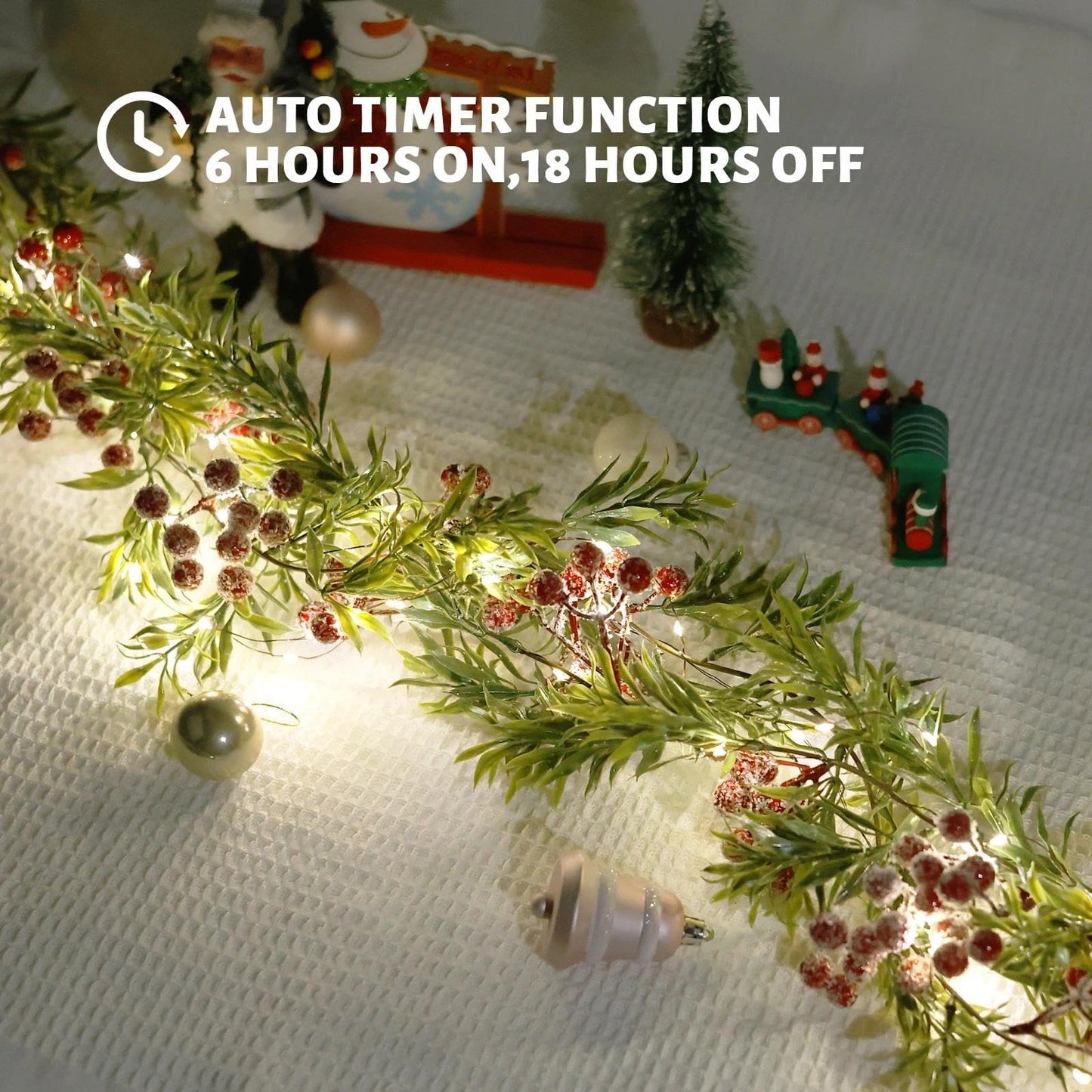 Christmas Garland with Light,Lighted Snowy Red Berries Holly Leaves Garland for Fireplace Mantle Indoor Outdoor Christmas Decoration 6.5FT Pre-lit Battery Operated Xmas String Lights 2 Pack