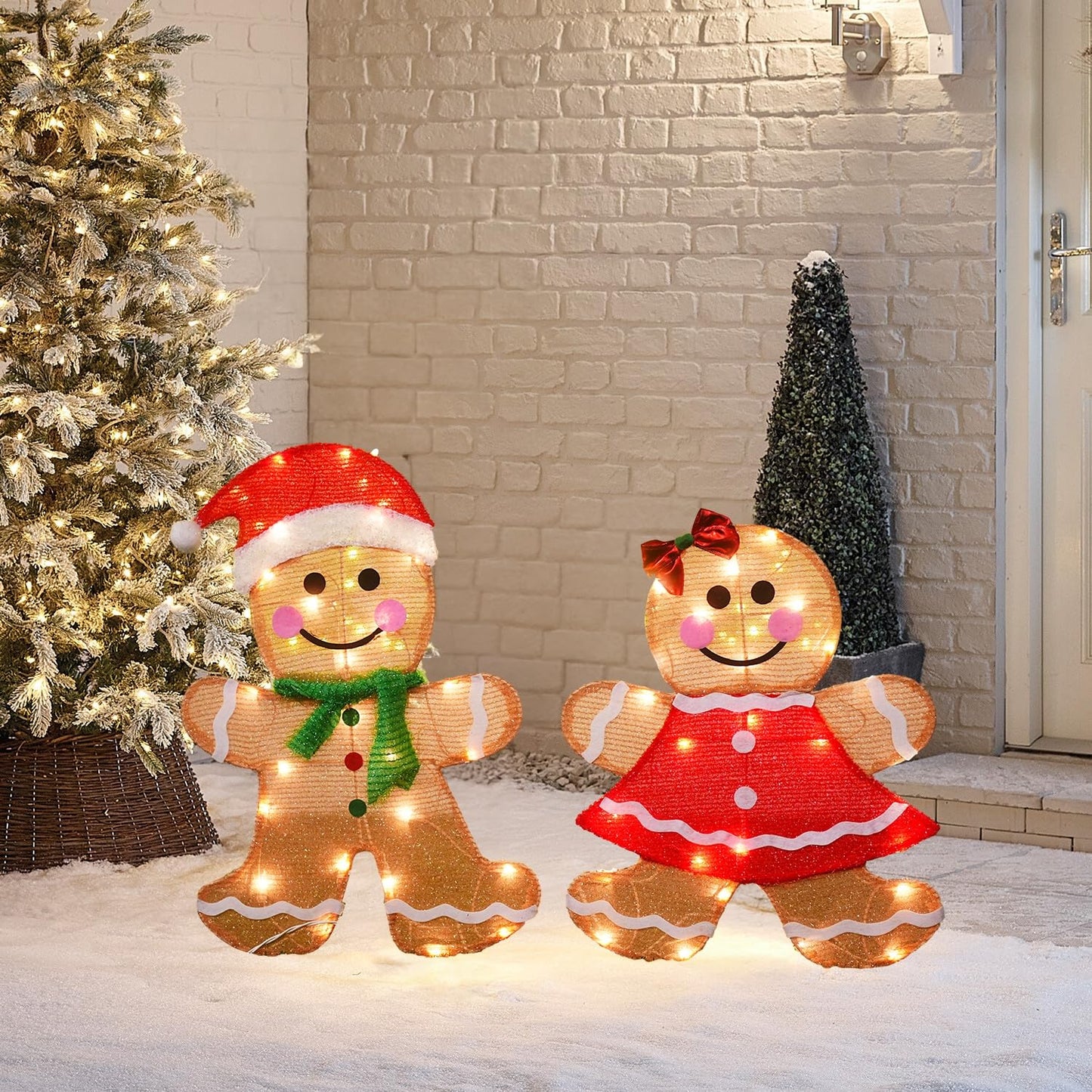 Dazzle Bright Christmas Outdoor Decorations Yard, 2-Piece Lighted 2D Gingerbread Man with 50 L, 23 Inch Pre-Lit Light Up Gingerbread Man, Xmas Festive Holiday Front Garden Patio Yard Lawn Display