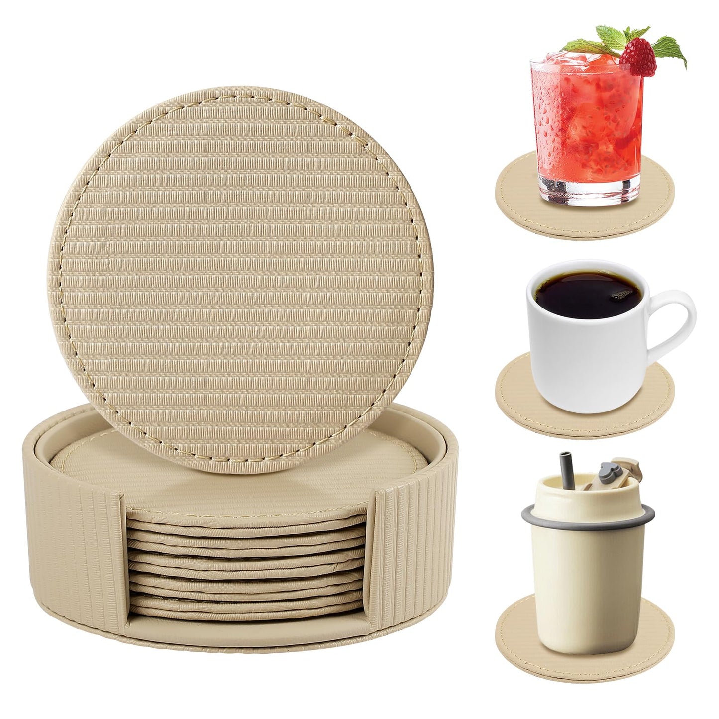 Leather Coasters Set of 6 with Holder, Tabletop Protection, Coffee Table & Bar Decoration, Modern-Style Drink Coasters Suitable for Home Dining Tables & Kitchen Accessories (Beige Stripe)
