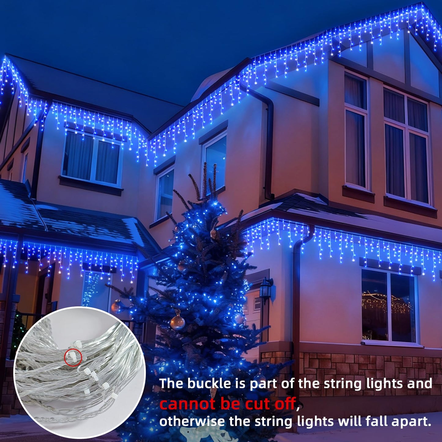 BYIZO Christmas Outdoor Icicle Lights - 480 LED 66+33 FT 8 Modes Curtain Fairy String Light Plug in, Waterproof for Eaves Yard Holiday Xmas Holiday Indoor Outdoor Decoration - Blue White