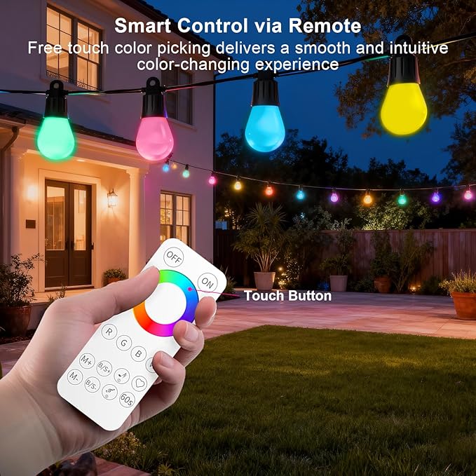 Outdoor String Lights 59FT Smart Patio Lights with APP Control, 18 LED Bulbs RGB IC Warm White, IP65 Waterproof Color Changing for Christmas, Patio, Backyard, Garden, Party, Holiday Decor