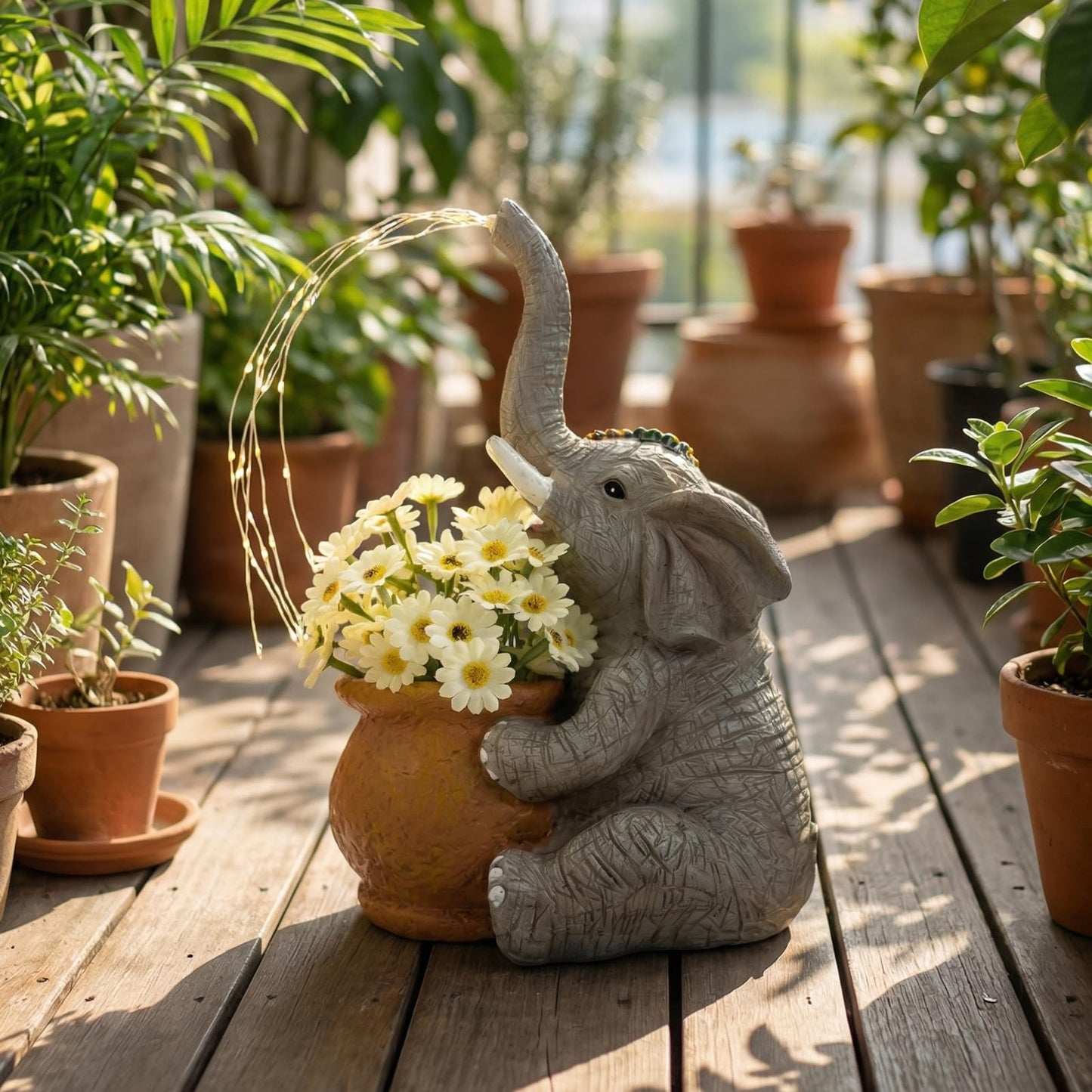 Joint Honglin Solar Elephant Planter Garden Statue with Watering Fairy Lights, Flower Pot with Artificial Daisies, Outdoor Resin Solar Garden Decor for Yard Lawn Patio Porch (Elephant)