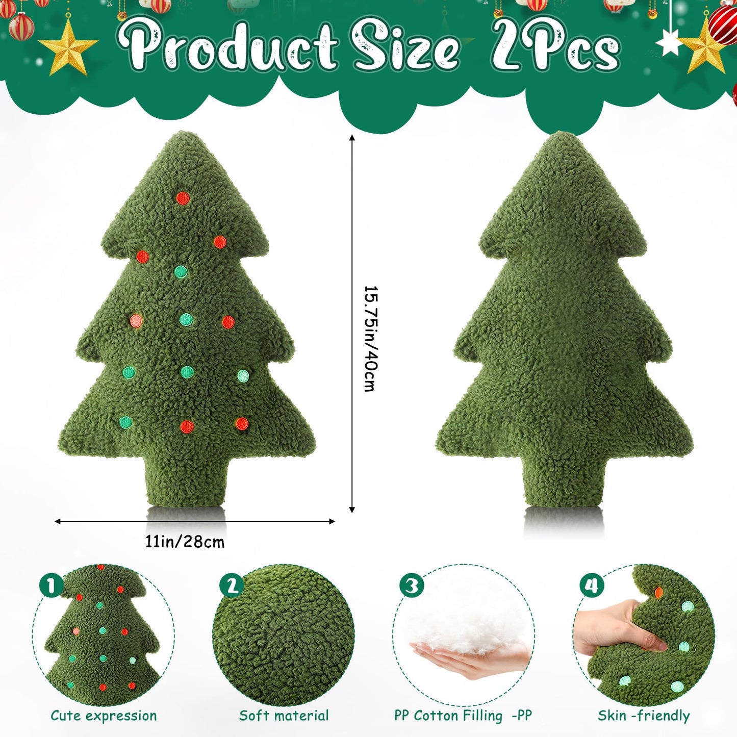 RoundFunny Set of 2 Christmas Tree Pillows Decorative 15.75" Christmas Tree Shaped Throw Pillows Plush Stuffed Cushions Xmas Decor Indoor for Home Sofa Couch Office Couch Room Party Bed Decorations