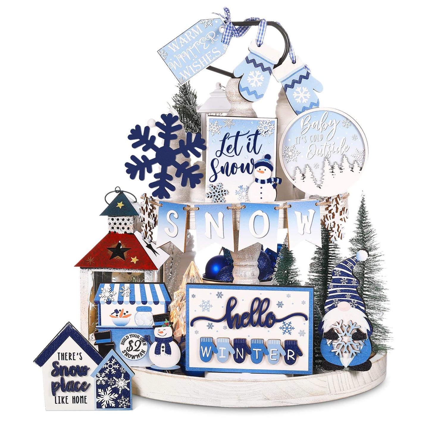 Kajaia 15 Pcs Winter Tiered Tray Decor Christmas Tiered Tray Decorations Set Snowman Snowflake Gingerbread Man Hot Cocoa Wooden Signs Farmhouse Winter Table Decorations(Snowflake)