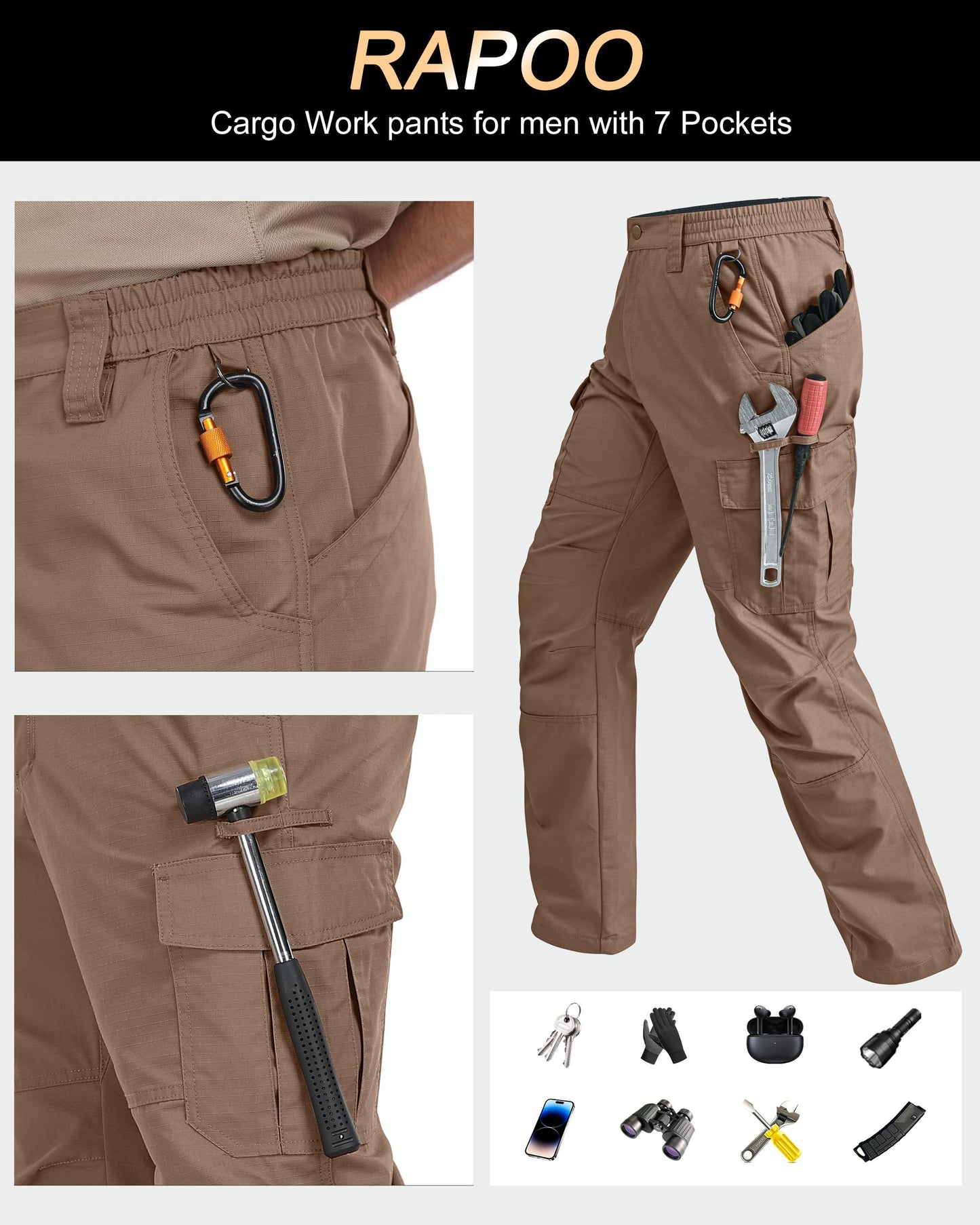 Rapoo Tactical Pants for Men Cargo Working Fishing Hiking Pants for Men with Pockets Mens Pants Brown 40Wx30L