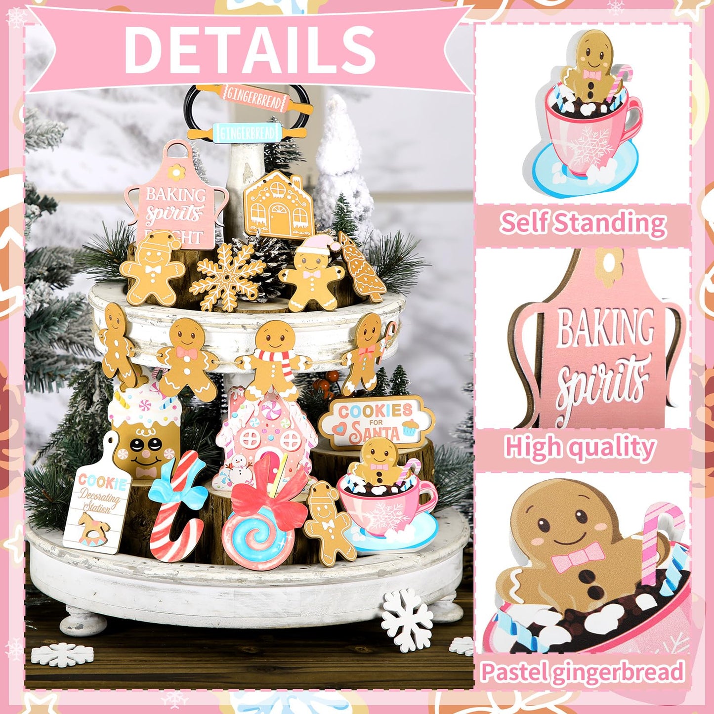 Chunful 20 Pcs Christmas Gingerbread Tiered Tray Decor Pink Pastel Wooden Tiered Tray Decoration Set Winter Table Signs Xmas Tree Snowflake Tabletop Centerpieces for Farmhouse Shelf Office Home