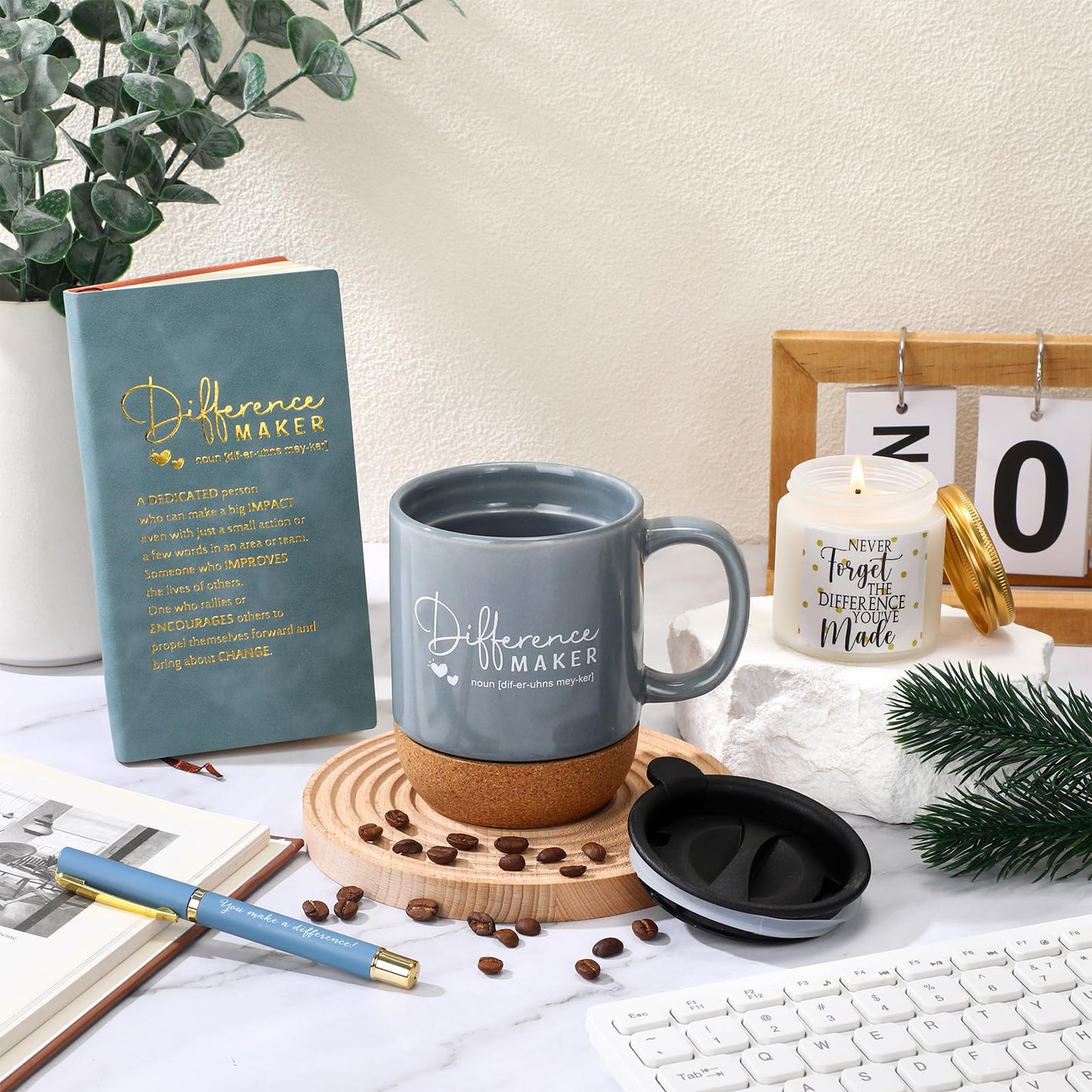 Vesici 4 Pcs Difference Maker Gift for Women Men Difference Maker Mug Notebook Candle Motivational Pen Employee Appreciation Gift for Volunteer Paraprofessional Coworker Secretary(Dark Blue,Word)