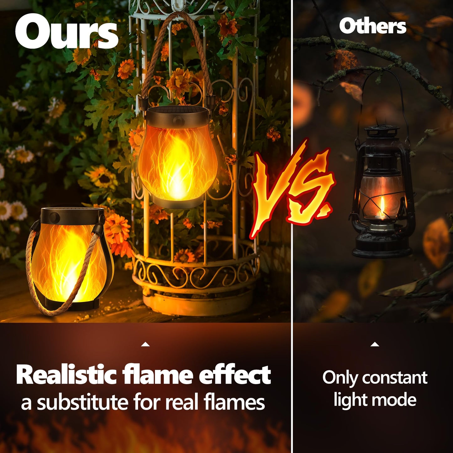 Jyoiat Solar Outdoor Lanterns Waterproof - 2 Pack Ultra-Real Flame Solar Lantern Lights with Dual Charging Modes (Solar/USB) for Garden Yard Patio Birthday Mothers Day Gifts (Warm White - 2 Pack)