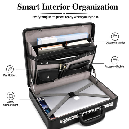 HAESTUS Leather Briefcase for Men with Combination Lock, Classic Hard Shell Attache Case in Black, Fits 16 Inch Laptop
