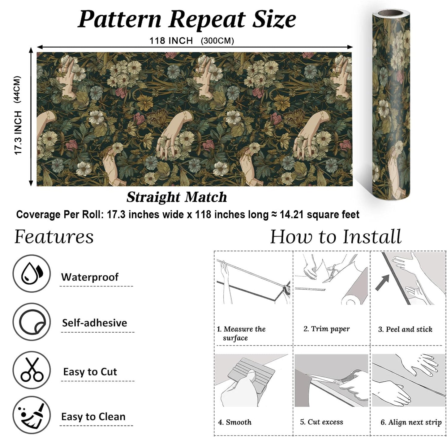 LHIUEM Gothic Flower and Hands Contact Paper Victorian Goth Hands Whimsical Wallpaper Dark Academia Peel Stick Wallpapers(17.3"×118") Boho Whisty Flowers Vintage Wallpaper for Room Wall Cabinet