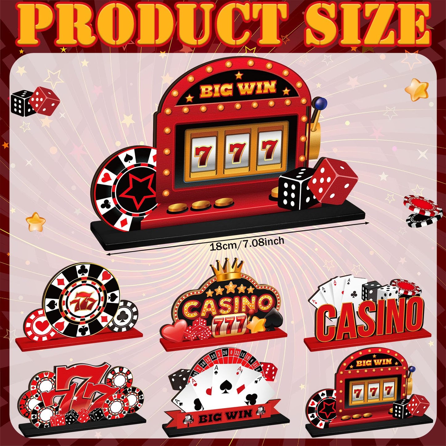 CroBlissful 6 Pcs Casino Theme Table Centerpieces Casino Theme Party Decorations Poker Chips Poker Machines Dice Spades Wooden Signs for Birthday Party Decoration