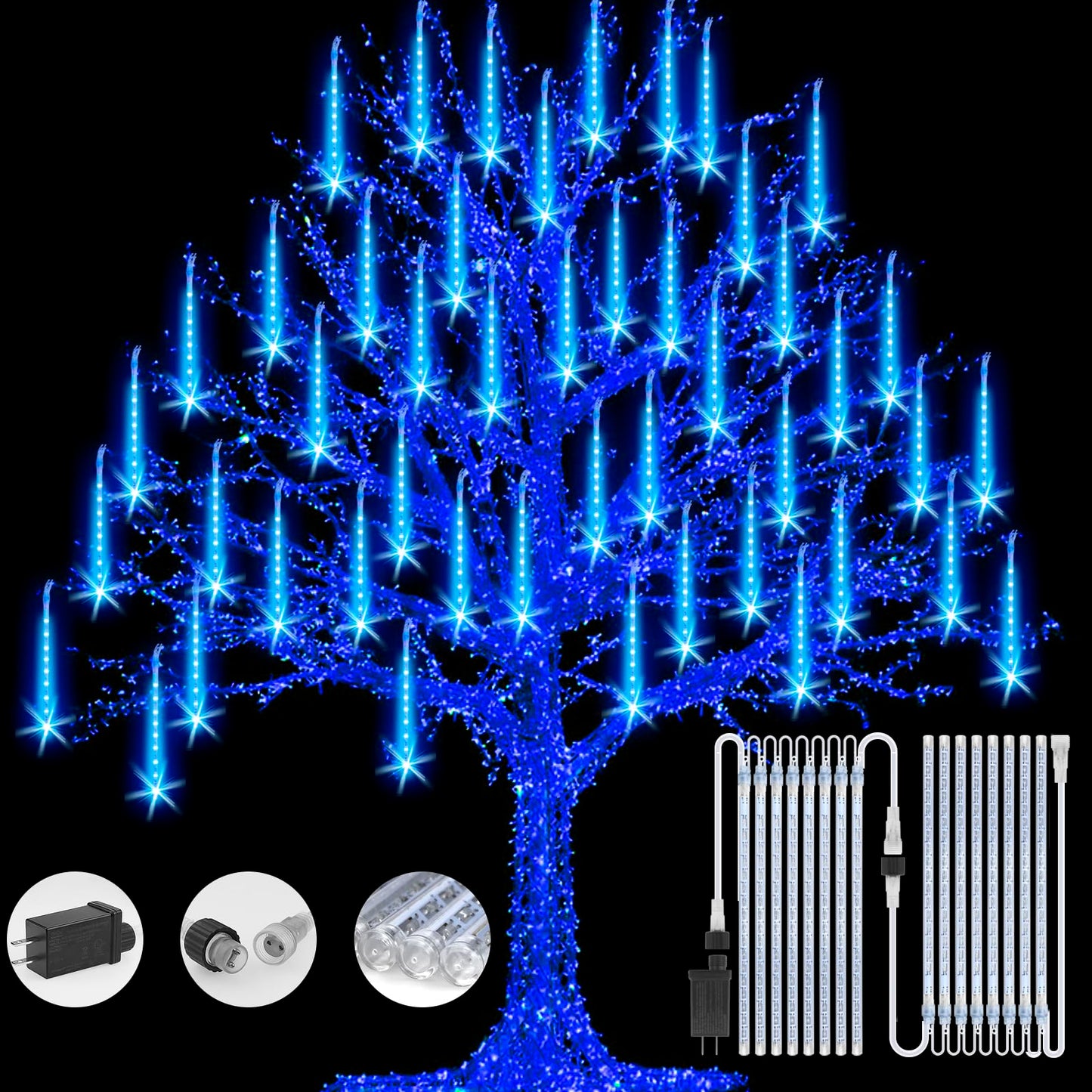 FYYZY Christmas Lights Meteor Shower Rain Light Falling Rain Lights with 16 Tubes 384 LEDs Waterproof Icicle Snow Fall String Lights for Party Tree Home Patio Outdoor Decoration(16 Tubes,Blue)
