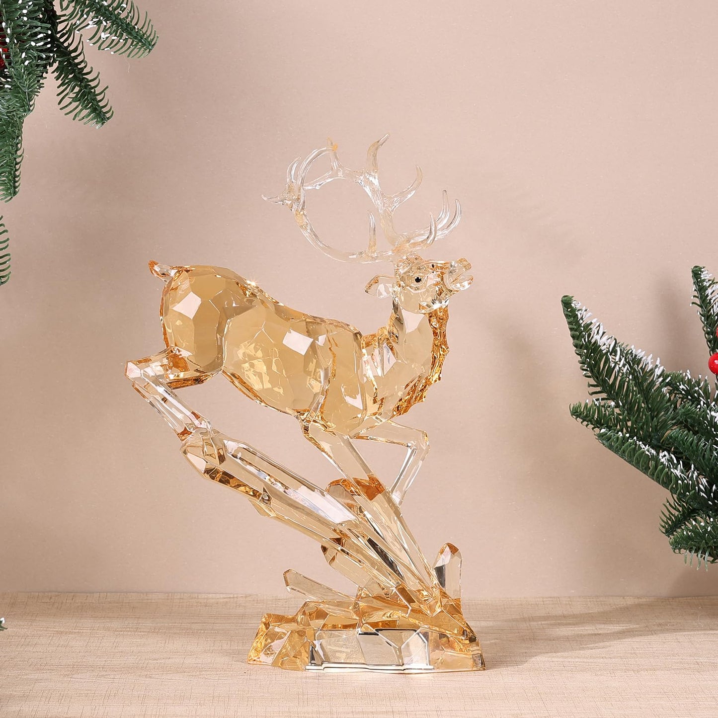 Luxury Acrylic Reindeer Figurine with LED Light for Christmas Decor, Elegant Transparent Crystal-Like Deer Sculpture for Table Shelf Mantel, Reindeer Ornament Holiday Centerpiece (Gold Jumping 11.8")
