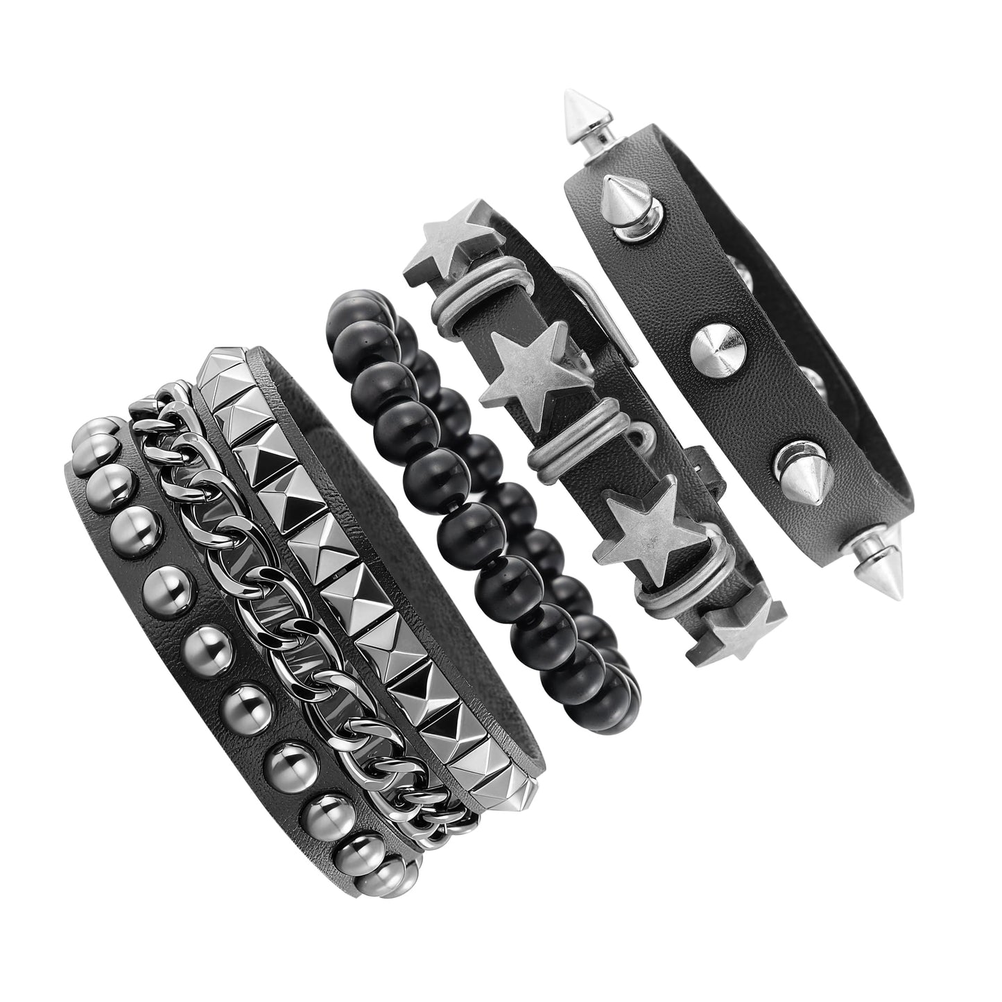 JAZTAKU Mens Spiked Studded Bracelet Black Leather Rivet Punk Bracelet Cuff Wrap Bangle Snap Button Metal Wristband for Men Women
