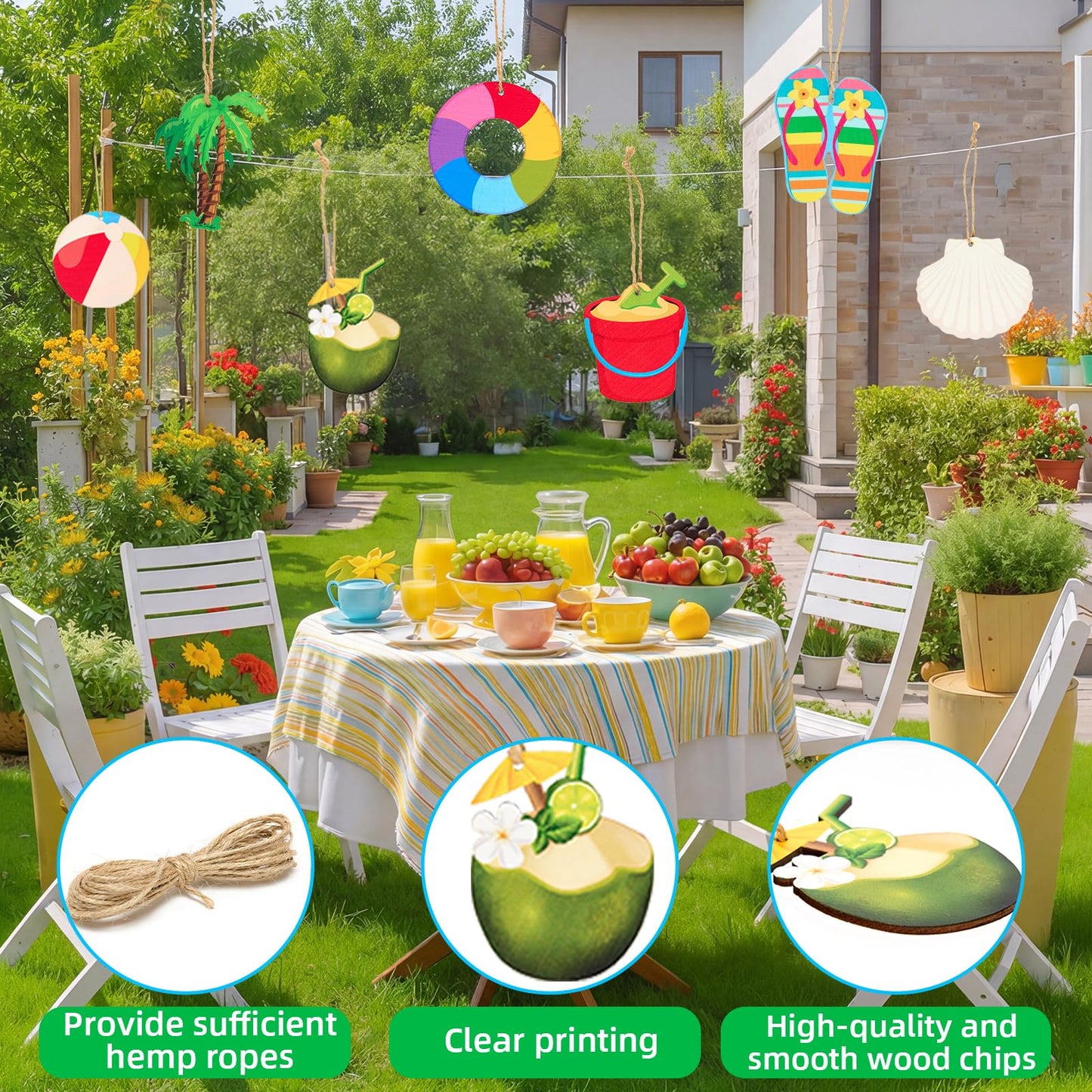 31 Pcs Summer Tree Ornaments Set, Christmas in July Wooden Crafts, Tropical Hawaiian Tree Hanging Decorations with Flamingo Balloon Sunglasses String Lights for Luau Hawaiian Party Holiday Decor