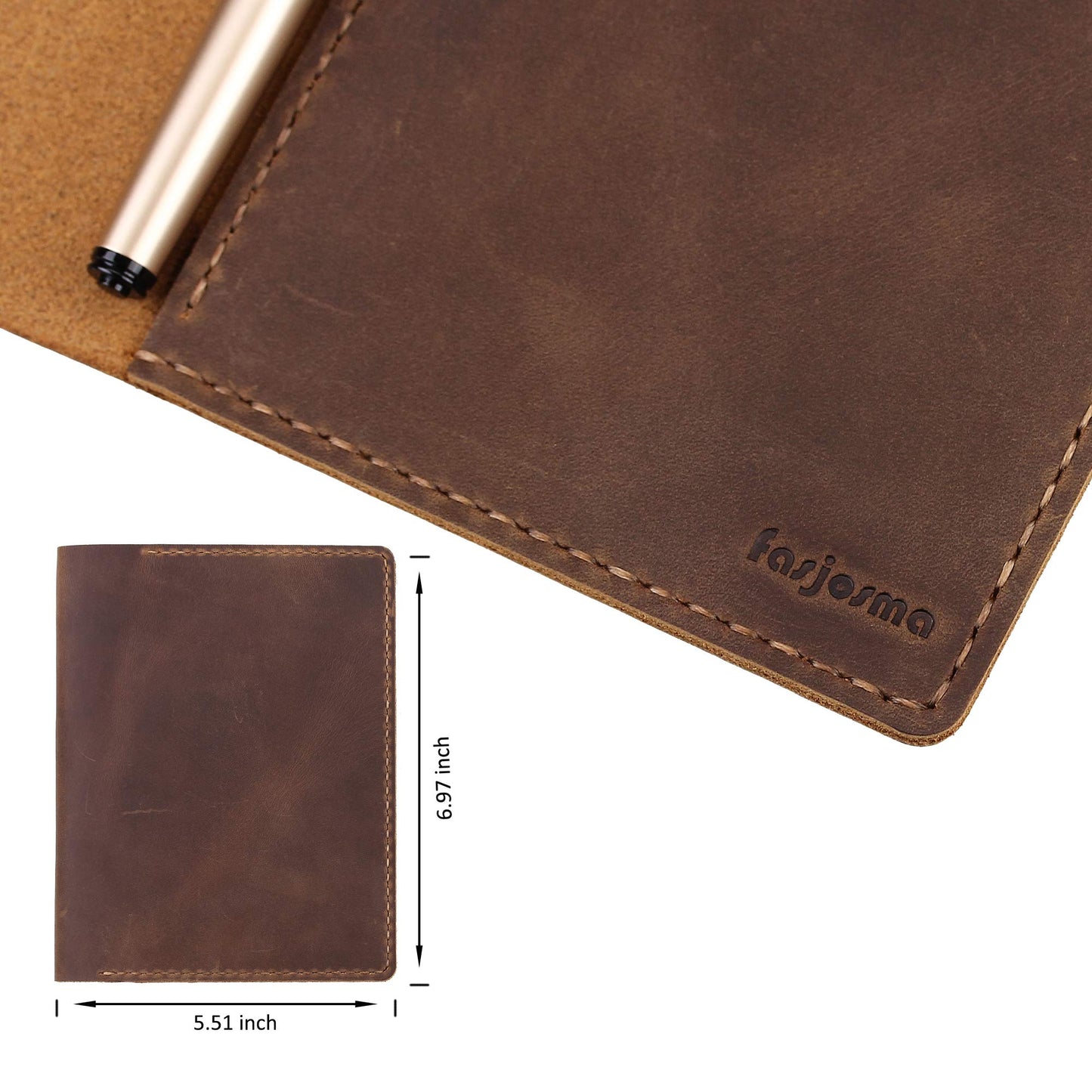 Fasjosma Leather Cover Compatible with Rite in the Rain & Rocketbook Mini Notebooks, Top Bound Spiral Notebook Cover, Leather Cover for 4'' x 6'' Pocket Notepad With Pen Holder - Brown
