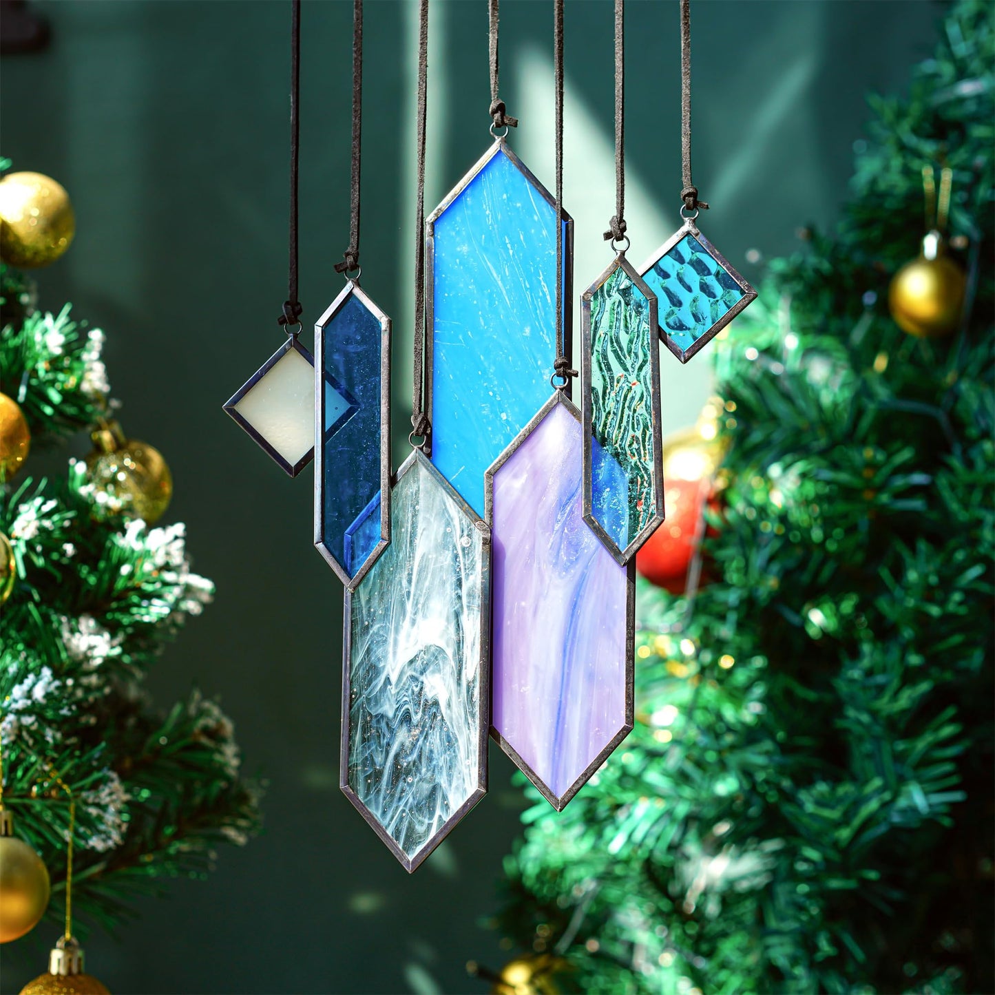 HDCRYSTALGIFTS Stained Glass Window Hanging Suncatchers - 7 Pieces Handcrafted Element Earth Tones Panel Set,Modern Blue Wall Art Sun Catchers Indoor Window Home Garden Decor