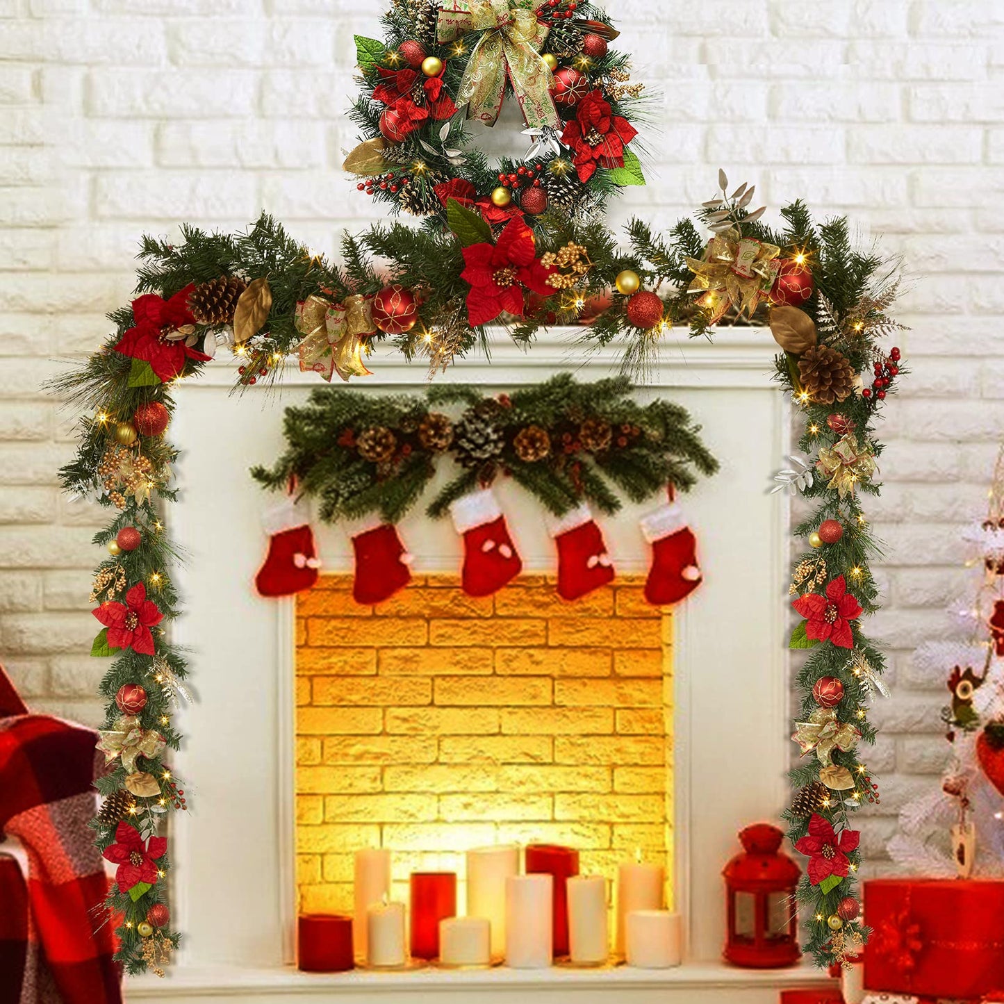Adeeing 6FT Christmas Garland with Lights, Prelit Artificial Christmas Garland with Pine Cones Poinsettia, Cordless Xmas Garland for Fireplace Mantle Stairecase Indoor Outdoor Holiday Home Decorations