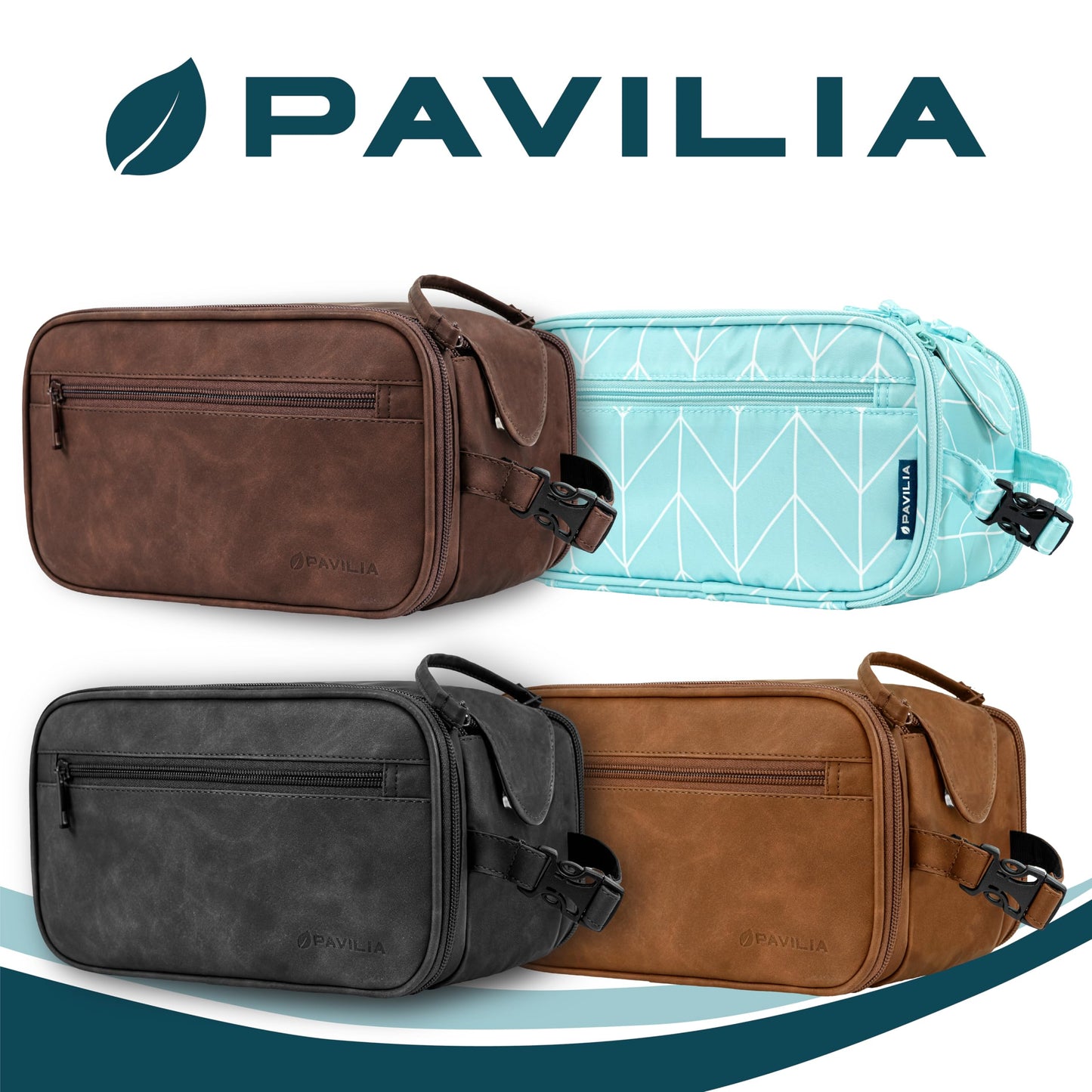 PAVILIA Toiletry Bag for Men, Hanging Travel Dopp Kit Organizer, PU Leather Water Resistant Bathroom Bag for Shaving Grooming, Large Capacity Cosmetic Bag Travel Essentials, Dark Brown