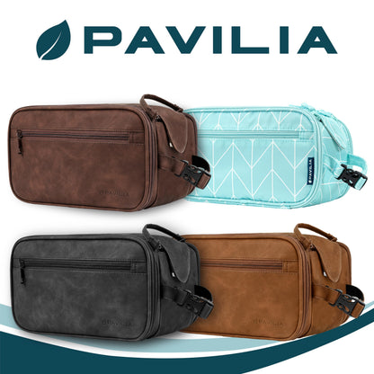 PAVILIA Toiletry Bag for Men, Hanging Travel Dopp Kit Organizer, PU Leather Water Resistant Bathroom Bag for Shaving Grooming, Large Capacity Cosmetic Bag Travel Essentials, Dark Brown