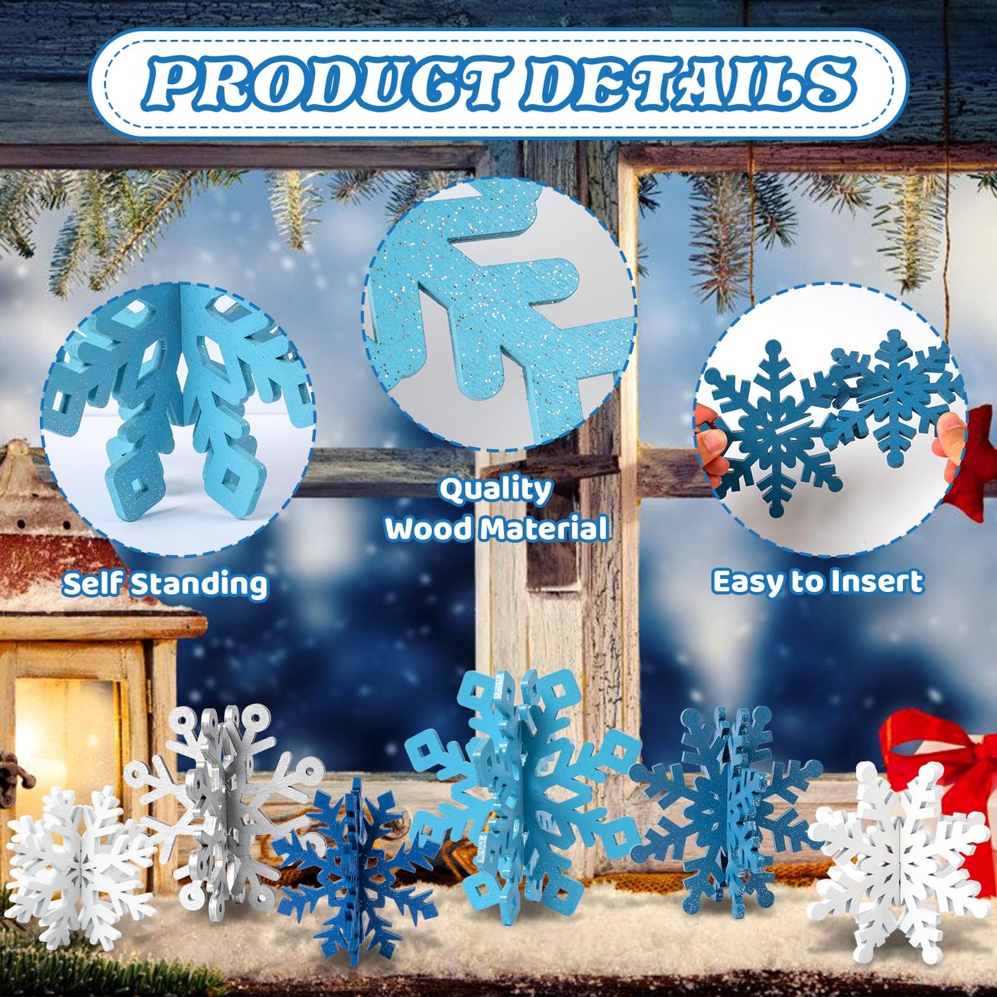 OuMuaMua 12 Set Winter Christmas Centerpiece Table Decorations - 24pcs Wooden Snowflakes Decor 3D White Blue Snowflake Tabletop Decor for Xmas Holiday Tiered Tray Winter Farmhouse Home Decor