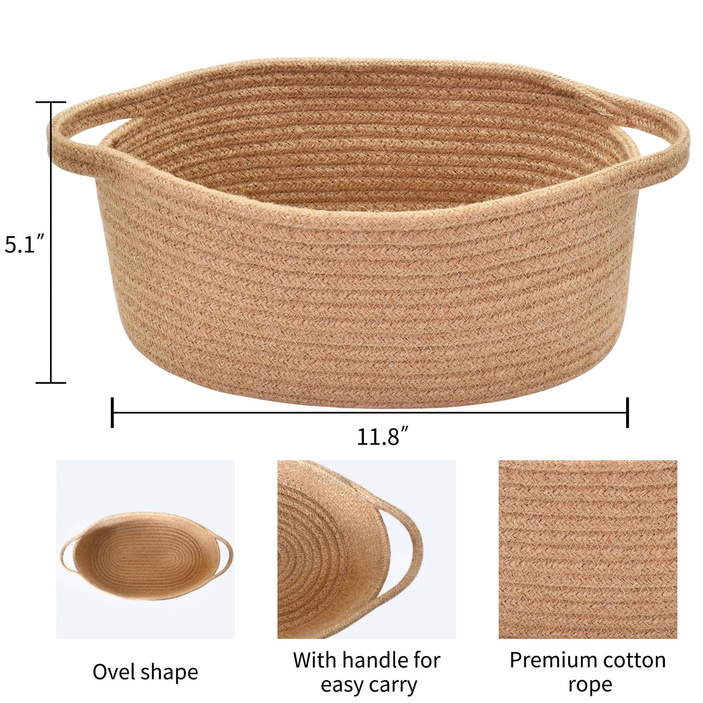 ABenkle Small Basket with Handles, Boho Decorative Rope Woven Dog Cat Toy Storage Bin Shelf Storage Organizer, Easter Christmas Gift Basket, 12"x8"x5"