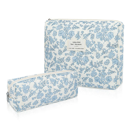 Gosect 2PC Makeup Bag Set, Cute Cosmetic Bag for Women Girls, Floral Coquette Aesthetic Toiletry Bag, Travel Make Up Organizer Bag (Blue Floral)
