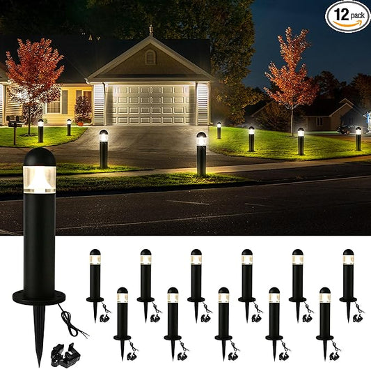 12 Pack Low Voltage Landscape Pathway Lights Wired, Outdoor Modern 12V LED Bollard Lights for Driveway Garden Walkway Yard Lawn (Included Connector), 2700K Warm White Waterproof, Black
