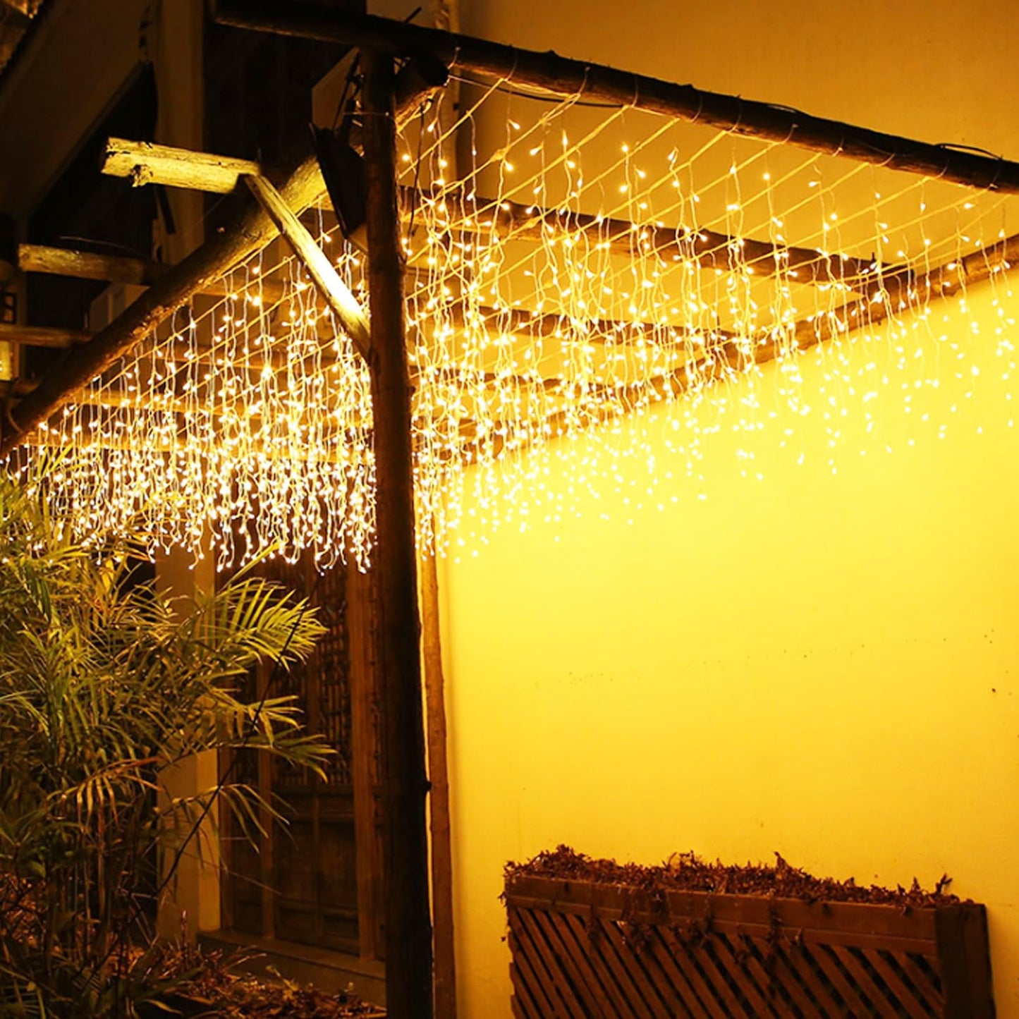 JAMISAY LED Icicle Lights, 8 Modes 16.4FT 112 LEDs Christmas Short Curtain Fairy Hanging Ceiling Extendable Lights for Wedding Balcony Doorway Outdoor Indoor Decoration Warm White, 5M04