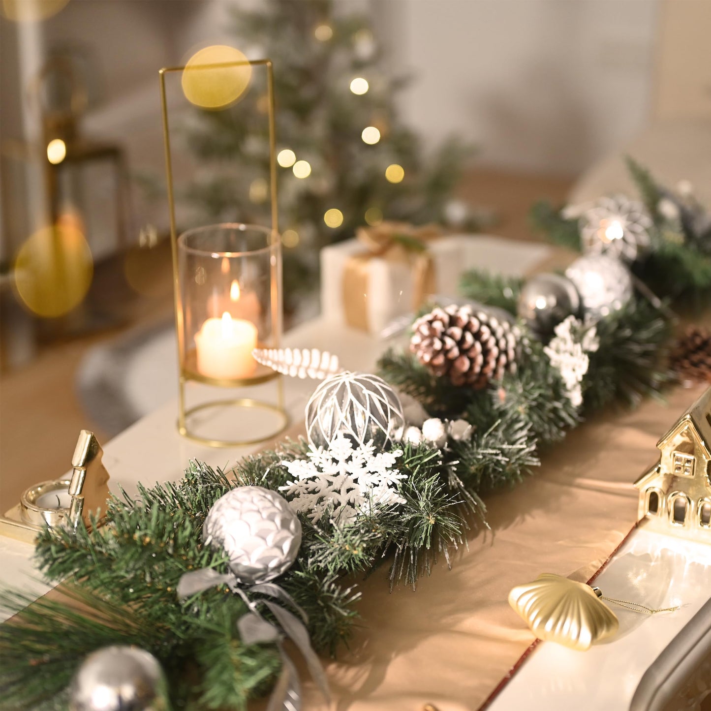 Valery Madelyn 9 Feet Pre-Lit Christmas Garland with Lights for Mantle, Lighted Outdoor Xmas Garland with Silvery White Ball Pinecones for Home Stairs Fireplace Table Centerpiece Indoor Holiday Decor