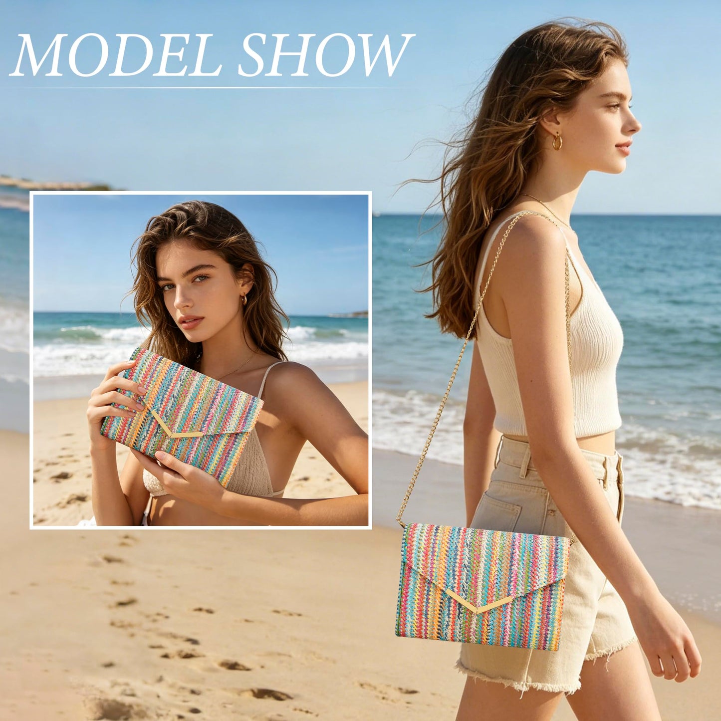 KKXIU Women Straw Envelope Clutch - Woven Handbags for Wedding Party Beach Summer, Purses for Women with Detachable Chain Shoulder Strap
