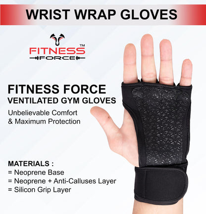 FITNESS FORCE Ventilated Weightlifting Gloves Workout Gloves for Men & Women with Built-in Wrist Wraps Fingerless Gym Gloves for Men Perfect for Exercise Fitness, Weight Lifting, Cross Training