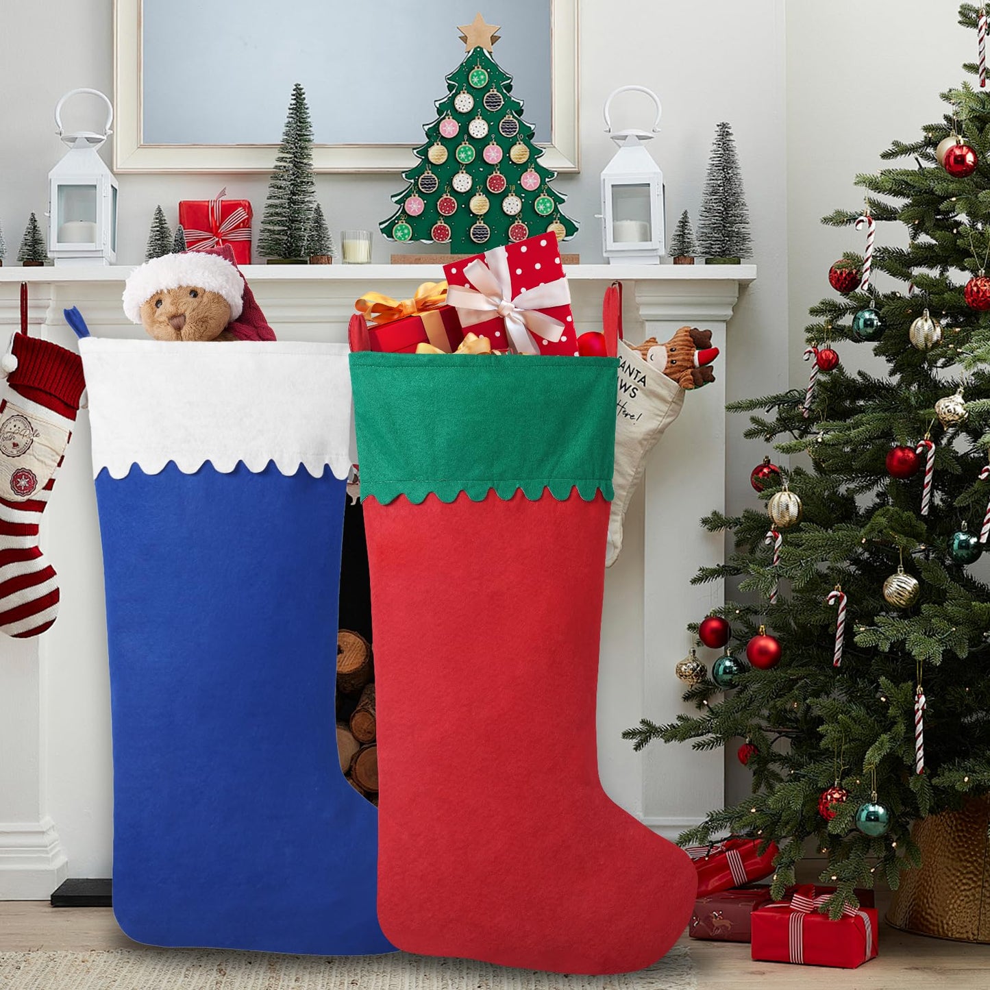 Asisca 2 Pack Jumbo Felt Christmas Stockings, 38 Inches Large Red and White Felt Christmas Stockings for Xmas Tree Fireplace Hanging Decor and Holiday Party Family Home Decorations