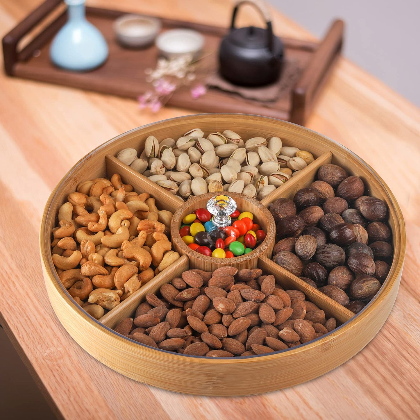 Hedume Bamboo Nuts Storage Platter Tray, Food Serving Tray with 5 Dining Grids, 12 Inches Dessert Fruit Veggie Food Serve Plate Tray for Party, Family Dinner, Holiday and Home Warming
