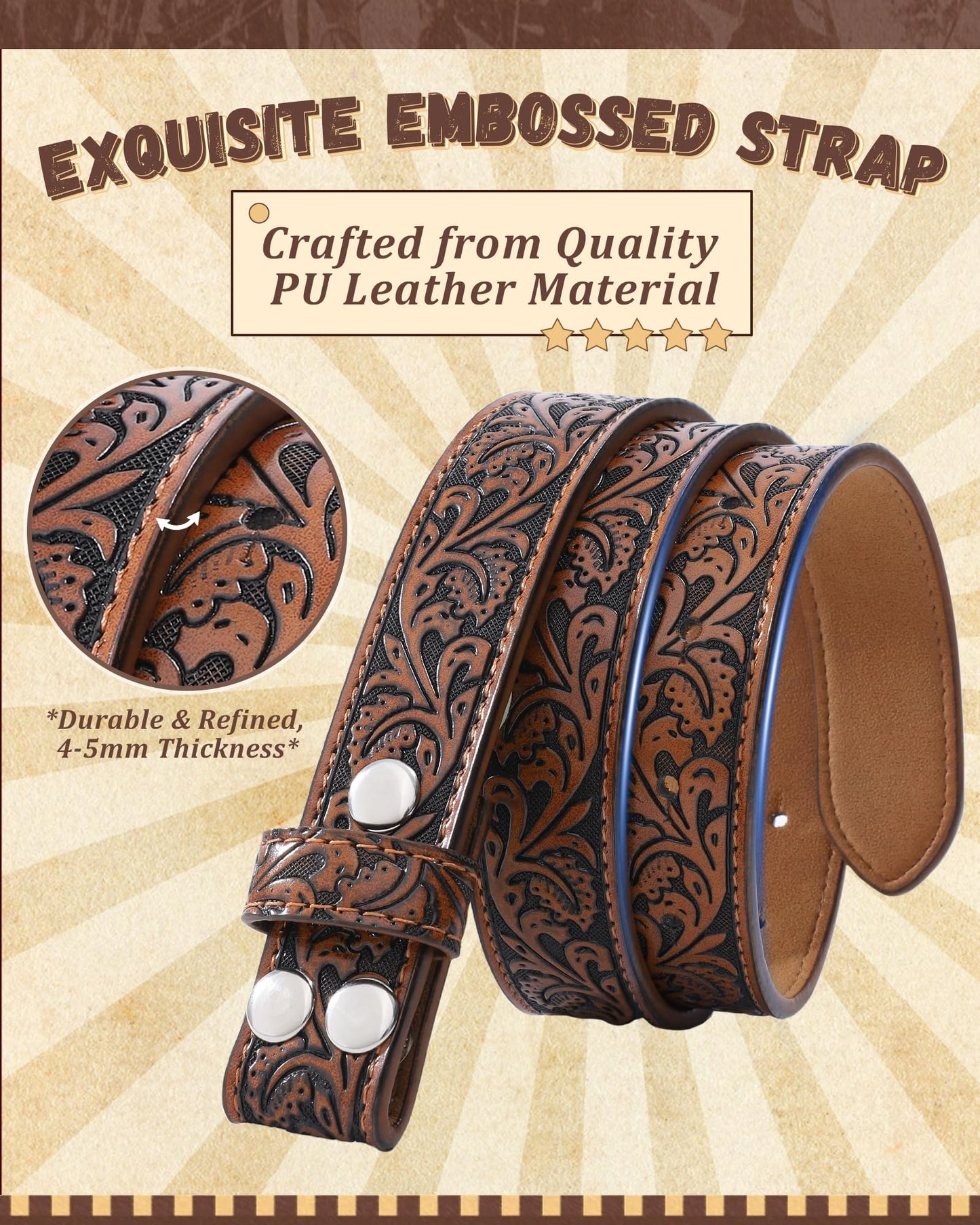 AWAYTR Kids Western Belt with Detachable Buckle - PU Leather, 3 Sizes (23"-34.5"), Adjustable for Daily Wear & Halloween (Cow Buckle-Dark Brown, Fit Waist: 26.5"-30")