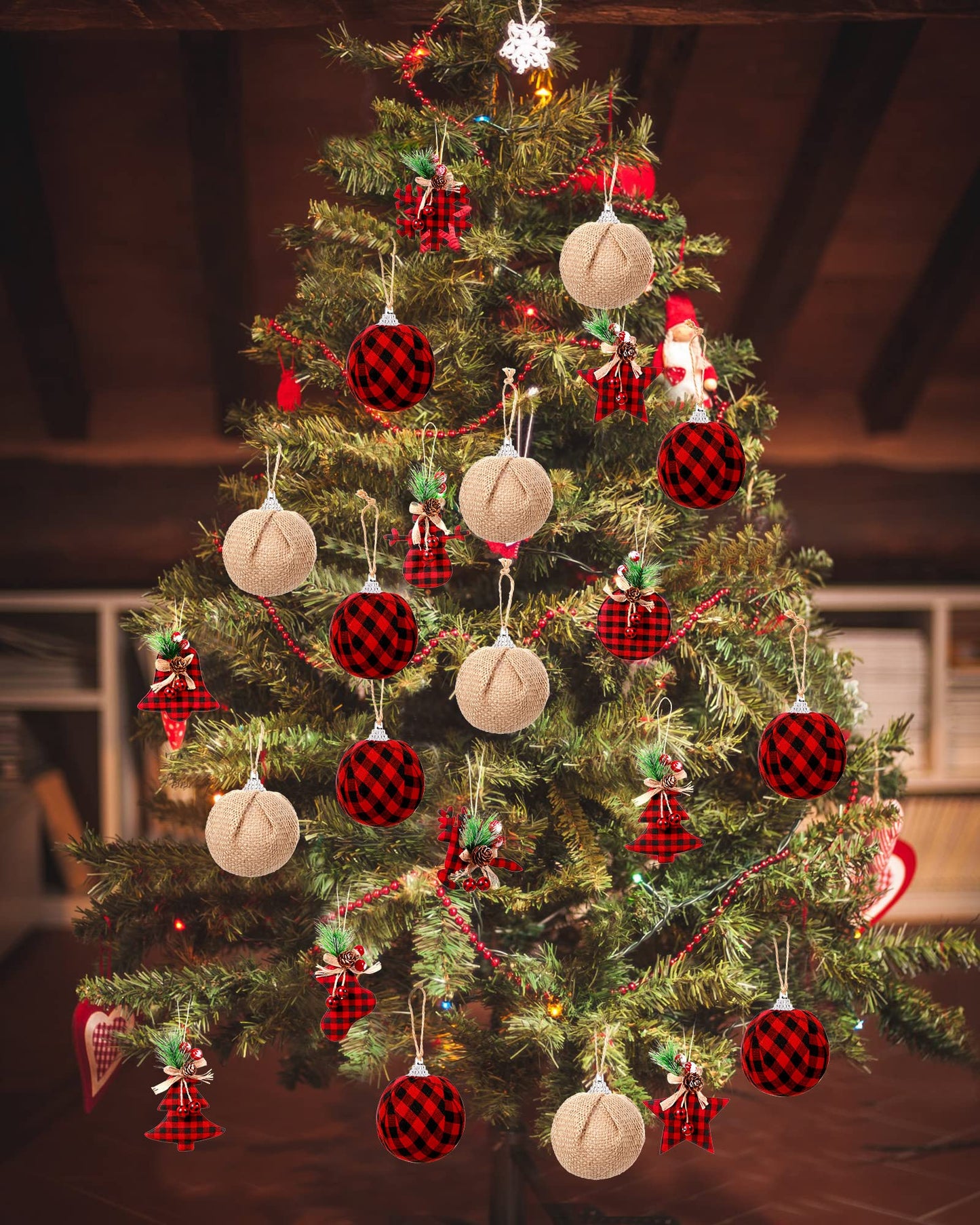 Sratte 20 Pcs Rustic Christmas Tree Ornaments Set 2.5" Hanging Burlap Plaid Ball 3.1"-6" Red/White Black Buffalo Check Ball for Farmhouse Christmas Ornaments Country Xmas Decorations(Red,Black)