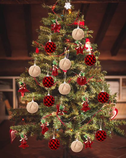 Sratte 20 Pcs Rustic Christmas Tree Ornaments Set 2.5" Hanging Burlap Plaid Ball 3.1"-6" Red/White Black Buffalo Check Ball for Farmhouse Christmas Ornaments Country Xmas Decorations(Red,Black)