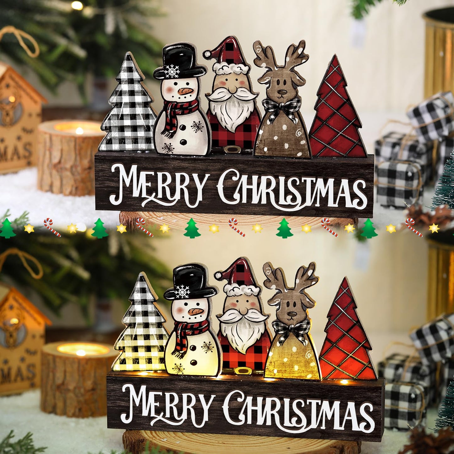 Chunful Lighted Wooden Christmas Tree Decor Rustic Christmas Tabletop Decoration Sign Xmas Tree Santa Reindeer Snowman Table Centerpieces for Home Office Fireplace Farmhouse Xmas Party Table Decor