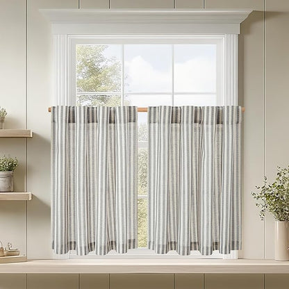 jinchan Striped Linen Kitchen Curtains 45 Inches Tier Curtains Farmhouse Modern Cafe Style Small Window Treatments Airy Light Filtering Rod Pocket for Living Room Bathroom 2 Panels Charcoal Grey