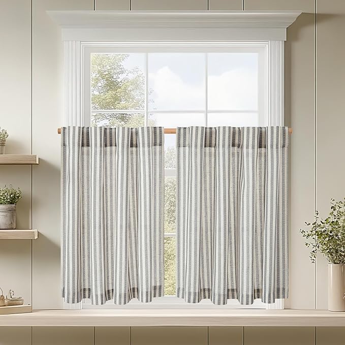 jinchan Striped Linen Kitchen Curtains 54 Inches Short Curtains Farmhouse Modern Cafe Style Window Treatments Airy Light Filtering Rod Pocket for Living Room Bathroom 2 Panels Charcoal Grey