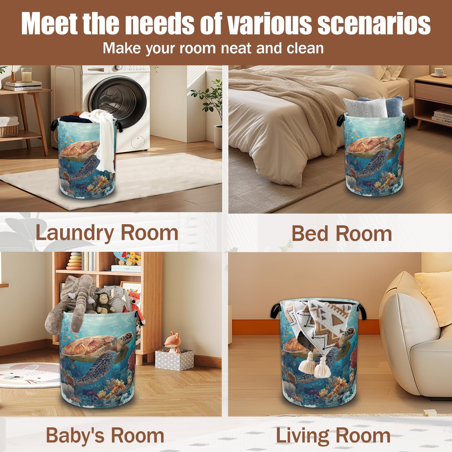 Sea Turtle Coral Ocean Laundry Hamper,Laundry Baskets,Waterproof Oxford Cloth Toy Storage for Bedroom,Bathroom,Nursery,16x20.8 Inch