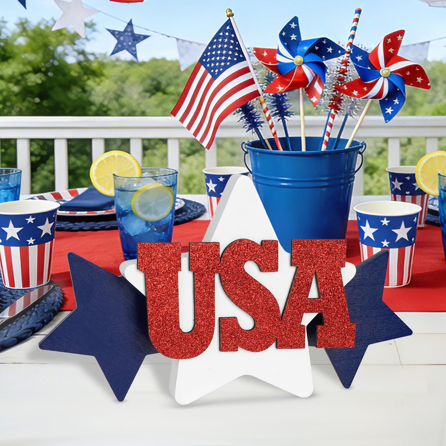COCHIE Glitter USA Sign 4th of July Decorations for Office, Home, Table, Mantel, Shelf, Desk, 5x10 Inch Patriotic Memorial Day Star Sign, Wooden Red Blue White Decor Labor Day Centerpiece (Star)