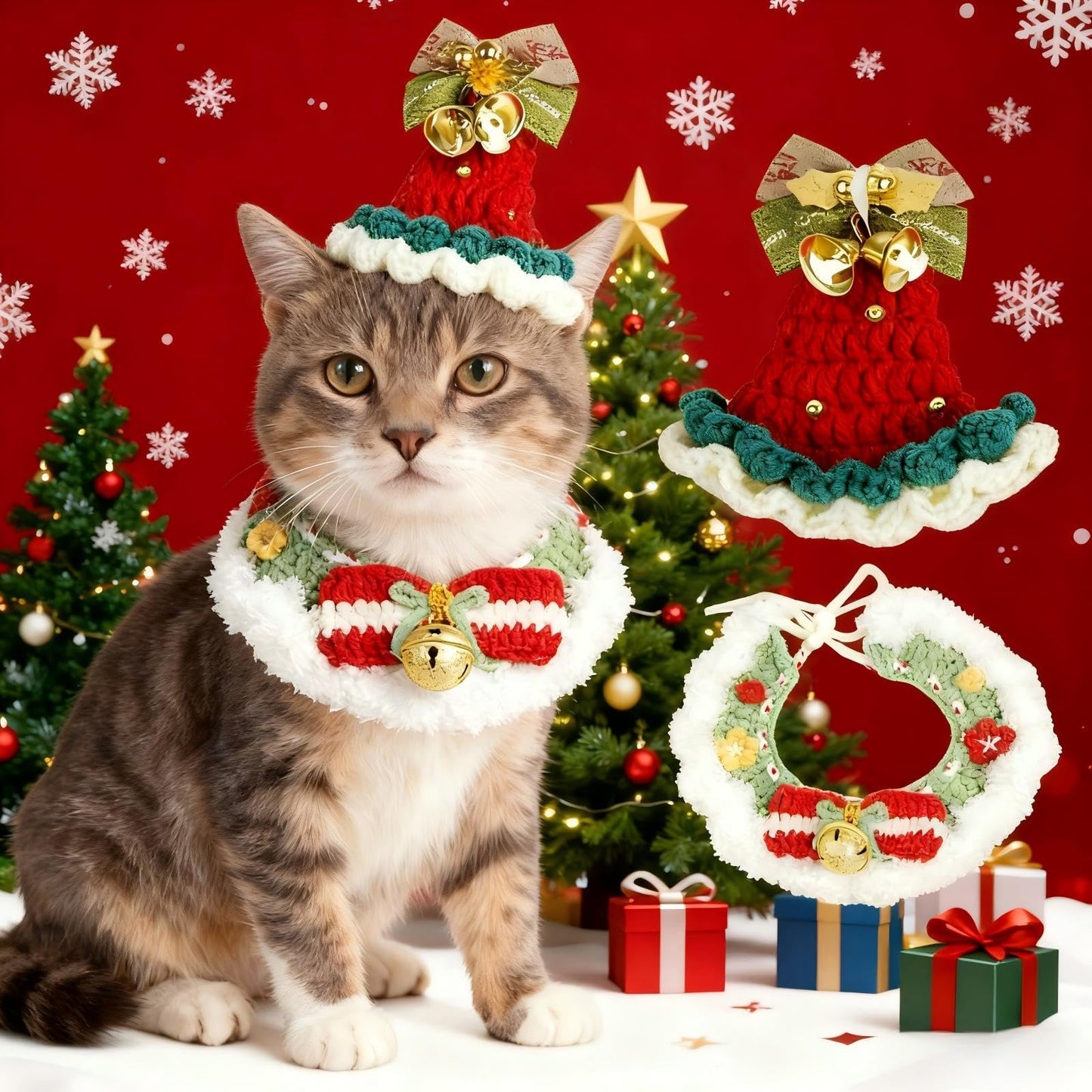 MITOCAPY Christmas Dog Costume, Handmade Cat Holiday Outfit with Christmas Tree Hat & Wreath Scarf Set, Adjustable,Lightweight & Breathable,Pet Accessories for Rabbits Xmas Party & Photos