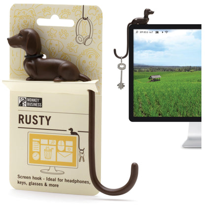 Monkey Business Rusty The Dog Tail Hook for Computer Screen, Desk Headphone Hanger Organizer Decorative Hooks, Adhesive Hook for Hanging Keys Cables Hats and Computer Accessories