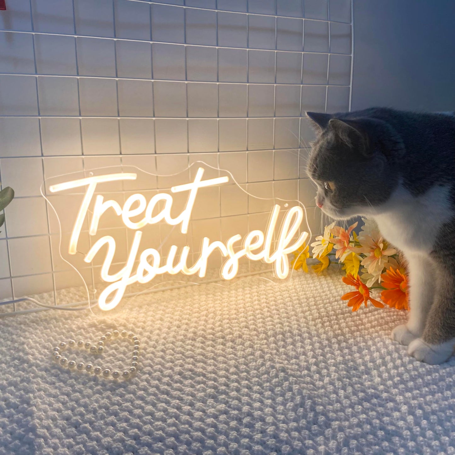 Treat Yourself LED Neon Sign for Wall Decor Bedroom Wedding Birthday Aesthetic USB Neon Light Signs(16in)
